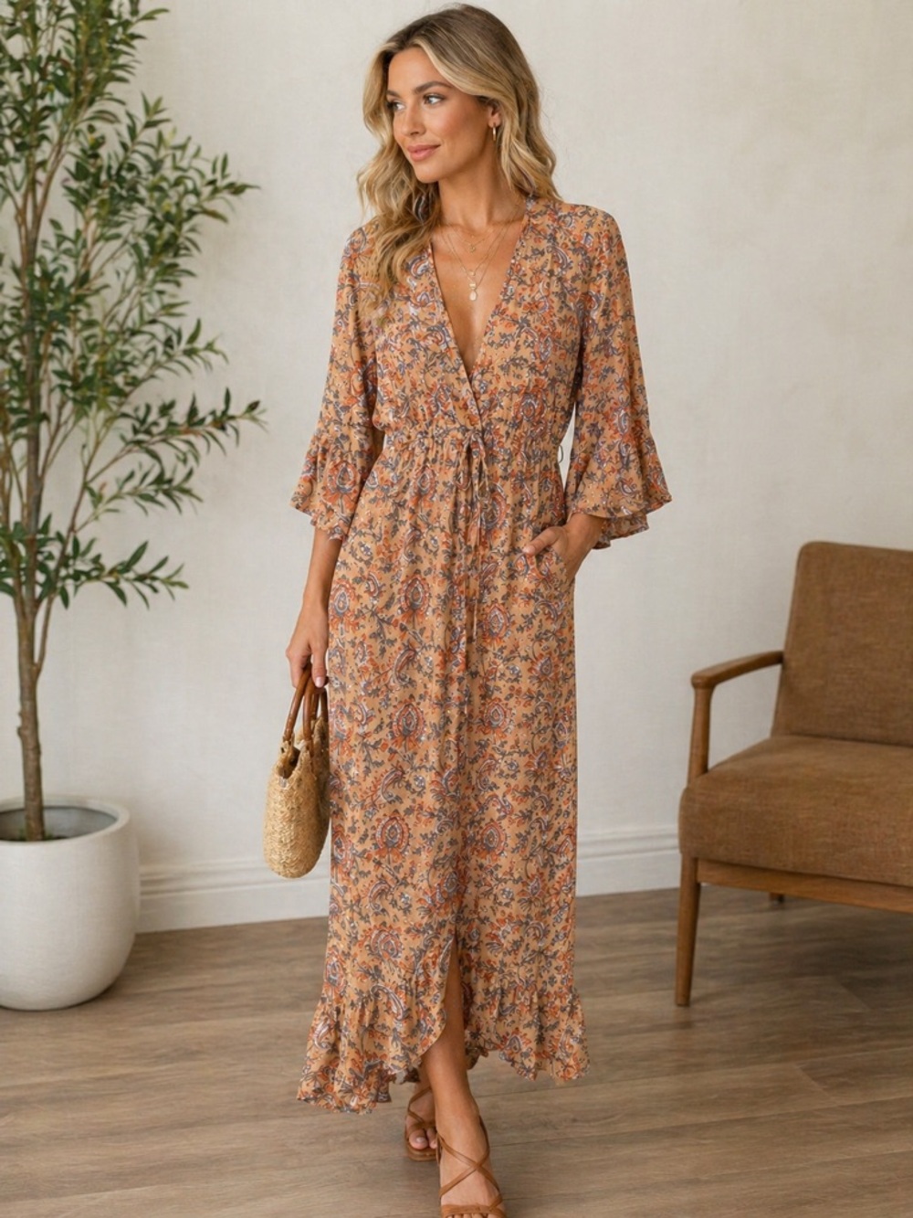 Coven & Co Boho Paisley Maxi Dress Tan Rust Flowy Ruffle Hem Cottagecore Size S